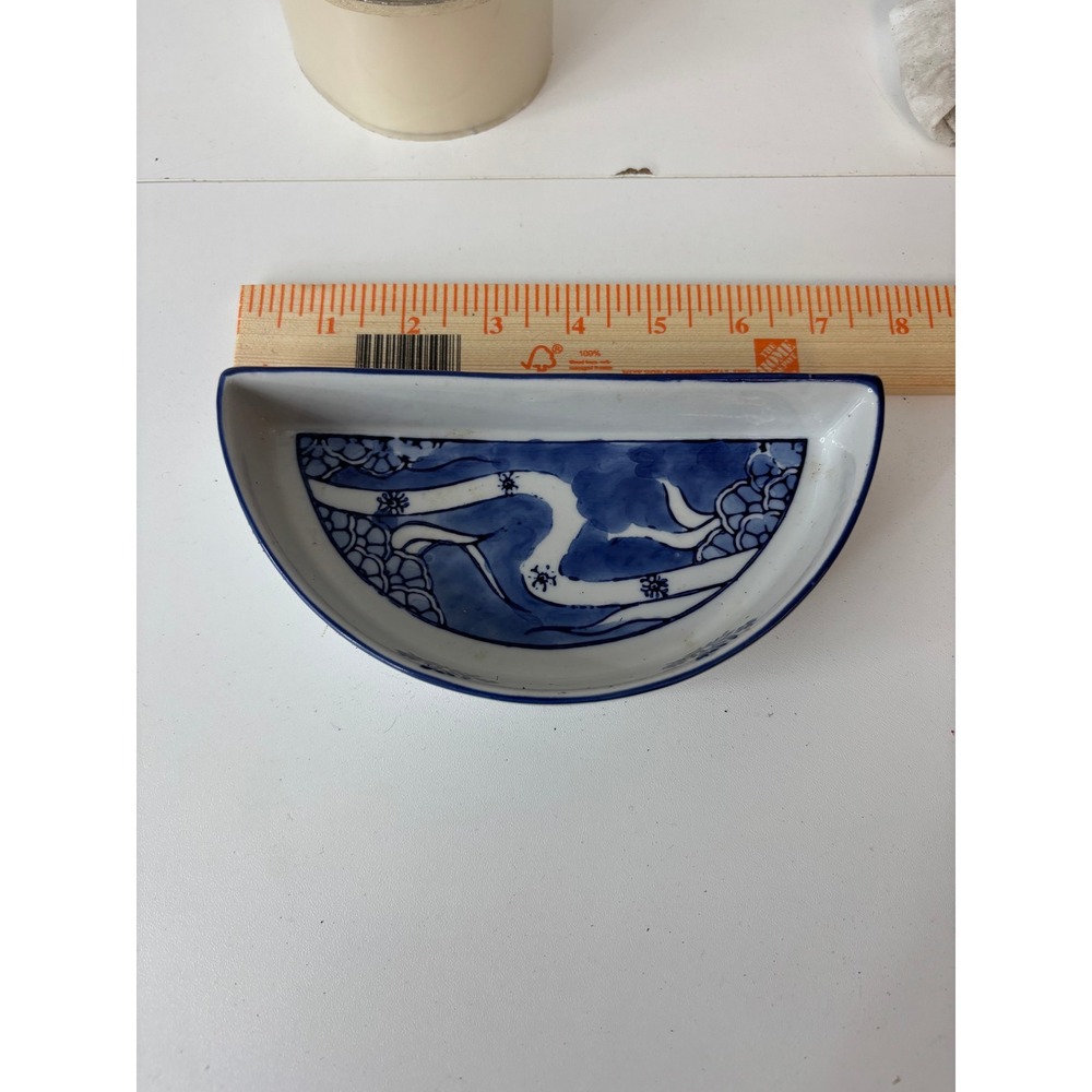 Vintage Blue and White Ceramic Crescent Dish Hand Painted Floral Trinket Tray